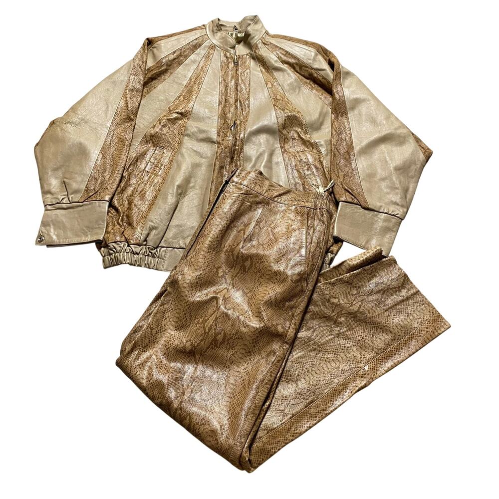 Rare Vintage Y2K Tan Snakeskin Print Leather 2pc Set Womens Size XL Jacket Pants